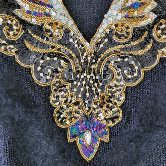 Side Effects Vintage Heavily Sequined Angora Fur Accented Black Sweater Size L - Picture 6 of 14